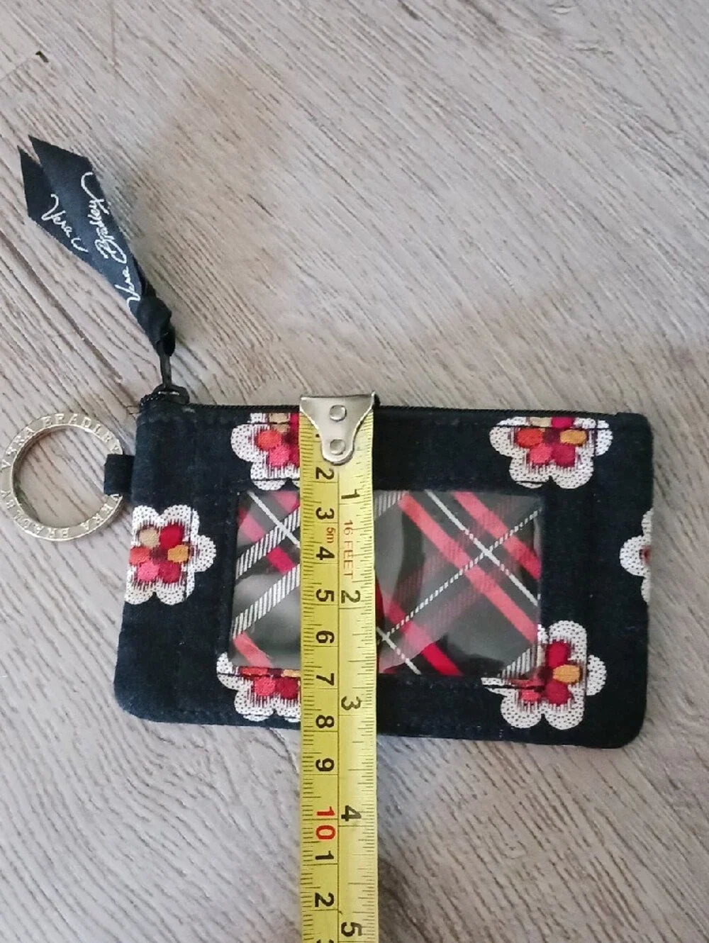 Vera Bradley Retired Pirouette Black Floral Card Wallet with Red Plaid Interior